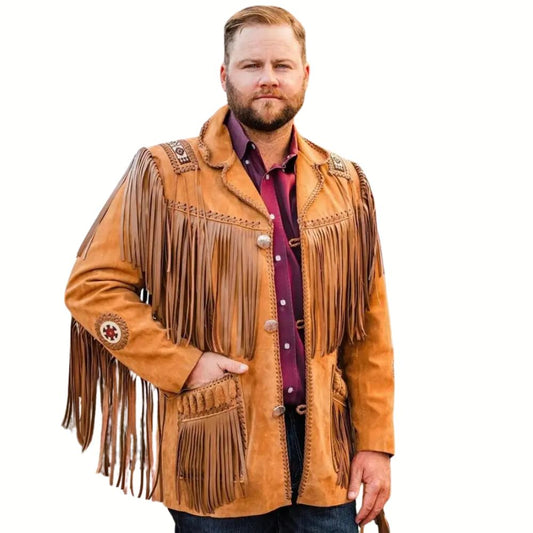 Mens Traditional Cowboy Fringe Leather Jacket