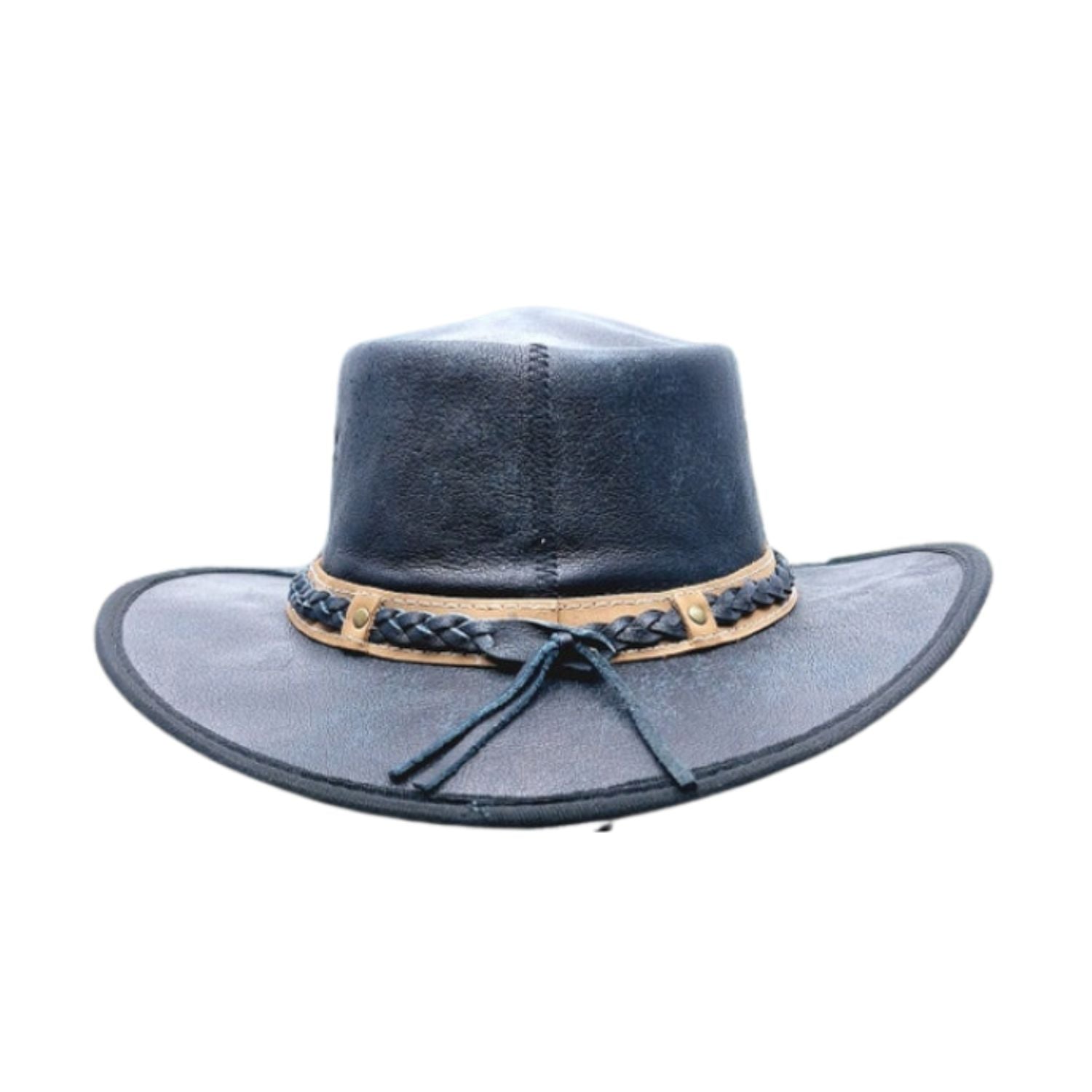 Mens Real Leather Foldable Buffalo Cowboy Outback Hat Australian Western Dual Tone Braided Band Style Wide Brim With Removable Chinstraps back view
