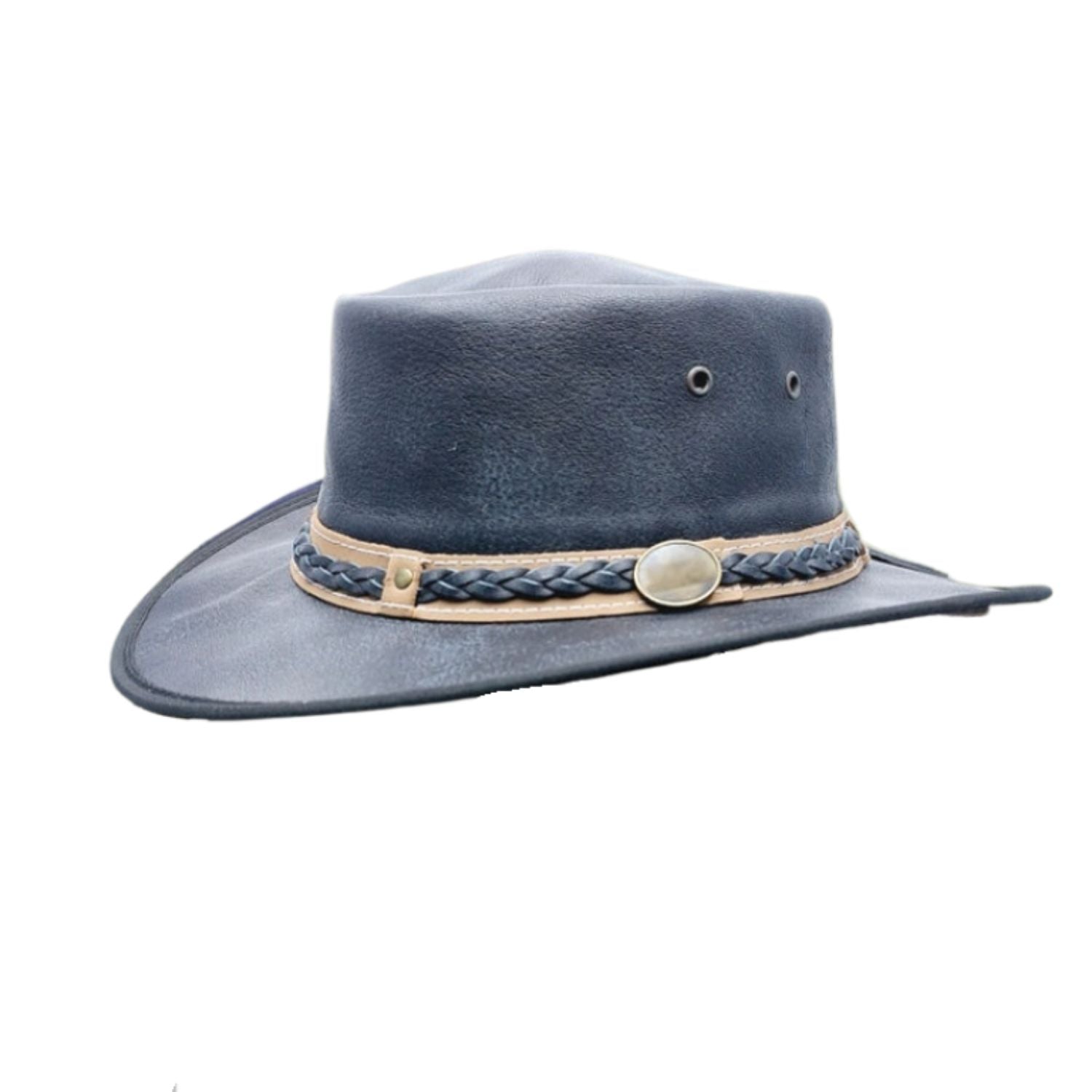 Mens Real Leather Foldable Buffalo Cowboy Outback Hat Australian Western Dual Tone Braided Band Style Wide Brim With Removable Chinstraps front view