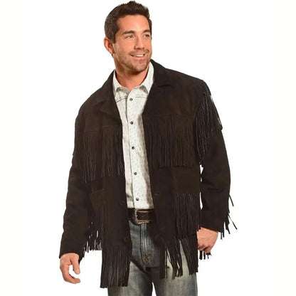 Mens Black Suede Fringe Western Jacket