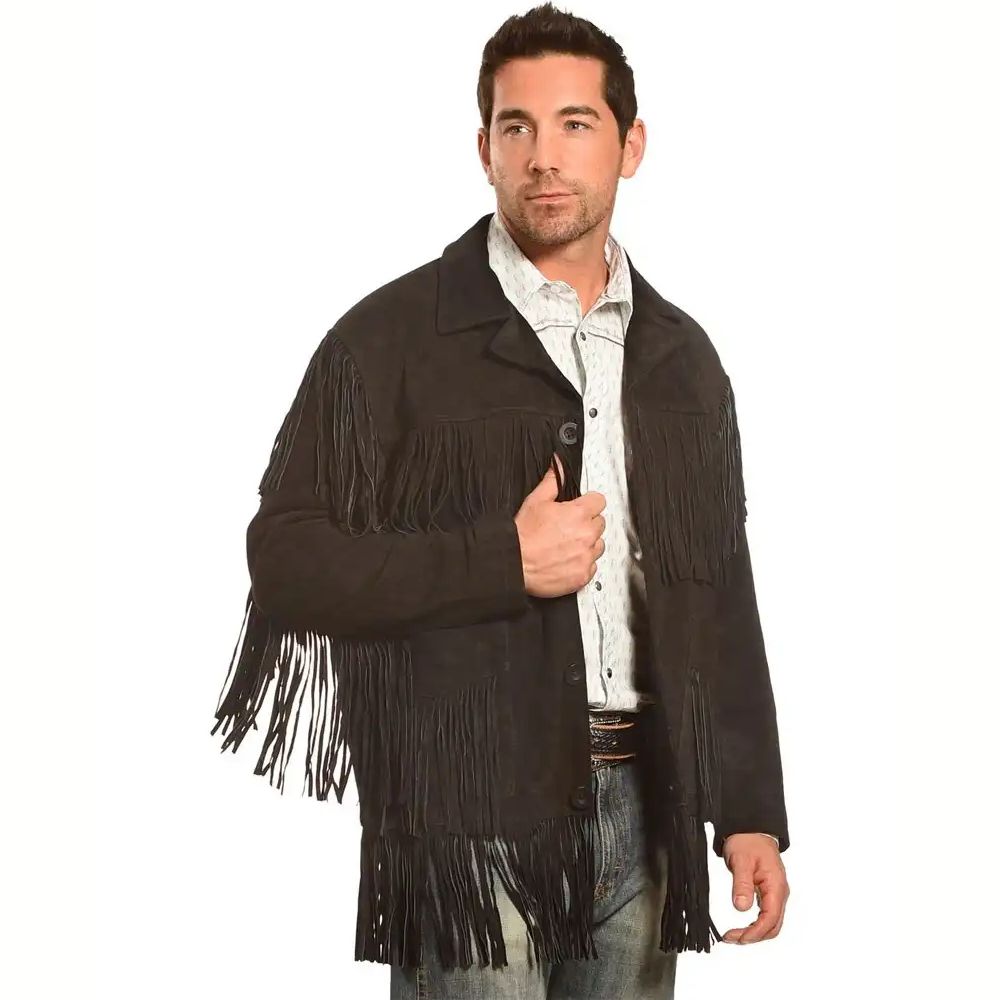Mens Black Suede Fringe Western Jacket
