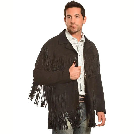 Mens Black Suede Fringe Western Jacket