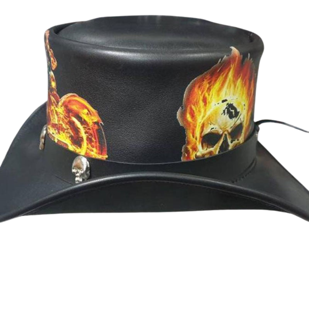 Steampunk Ghost Rider Black Leather Top Hat side view