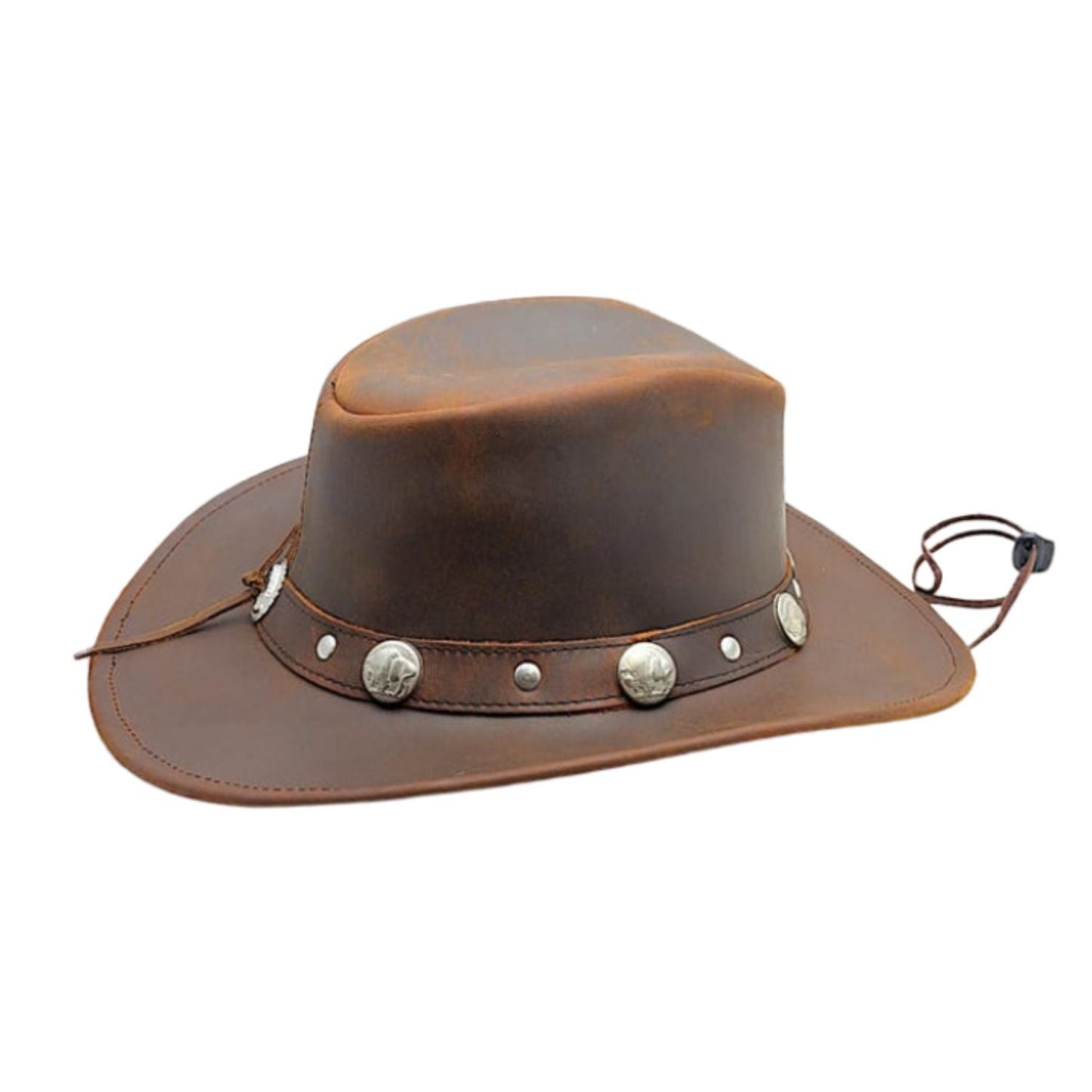 Men's Real Leather Bush Cowboy Buffalo Hat Outback Vintage Australian Western Style Antique Bull Conchos back view