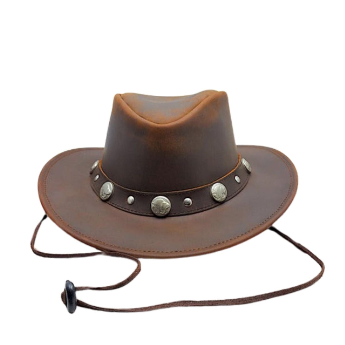 Men's Real Leather Bush Cowboy Buffalo Hat Outback Vintage Australian Western Style Antique Bull Conchos front view