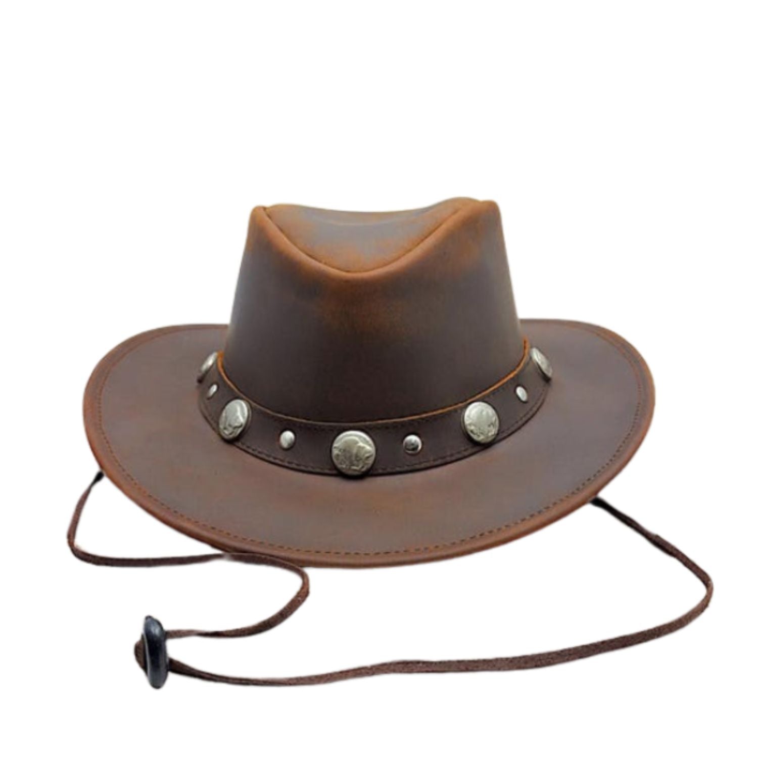 Men's Real Leather Bush Cowboy Buffalo Hat Outback Vintage Australian Western Style Antique Bull Conchos front view