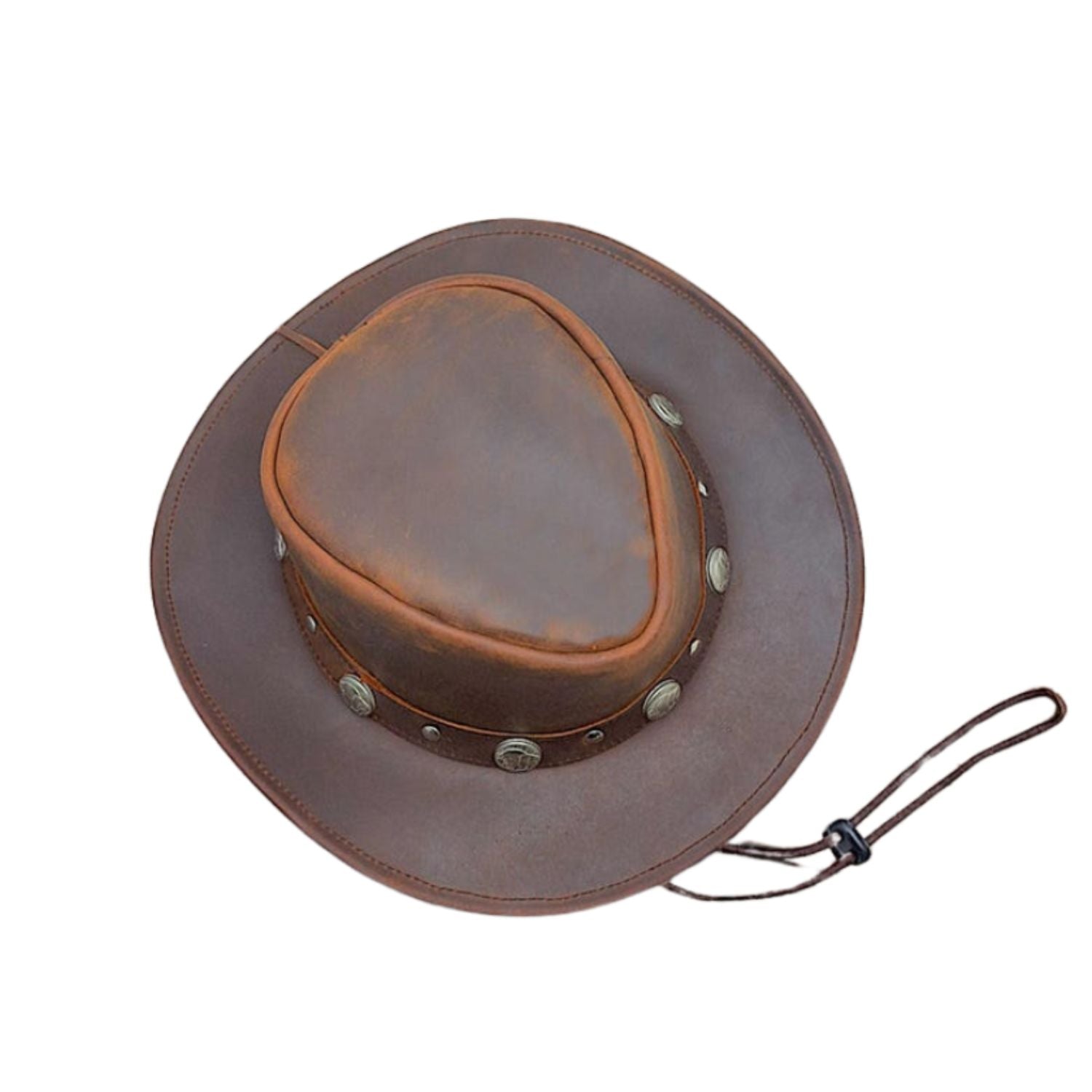 Men's Real Leather Bush Cowboy Buffalo Hat Outback Vintage Australian Western Style Antique Bull Conchos side view