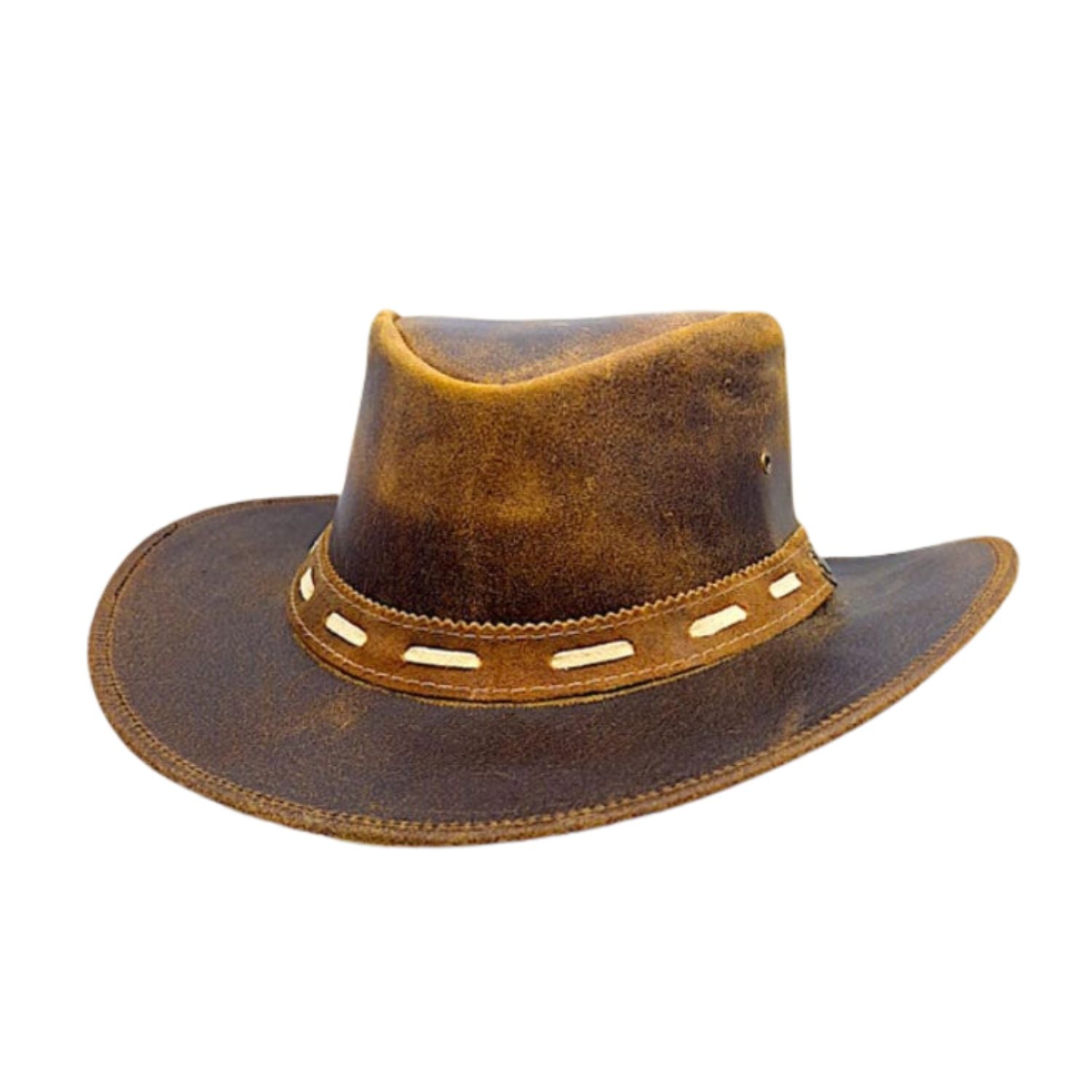 Men's Brown 100% Real Leather Bush Cowboy Buffalo Hat Outfit Vintage Australian Western Style Removable Chinstraps back view