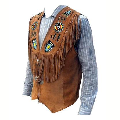 Mens Western Brown Fringe Leather Vest