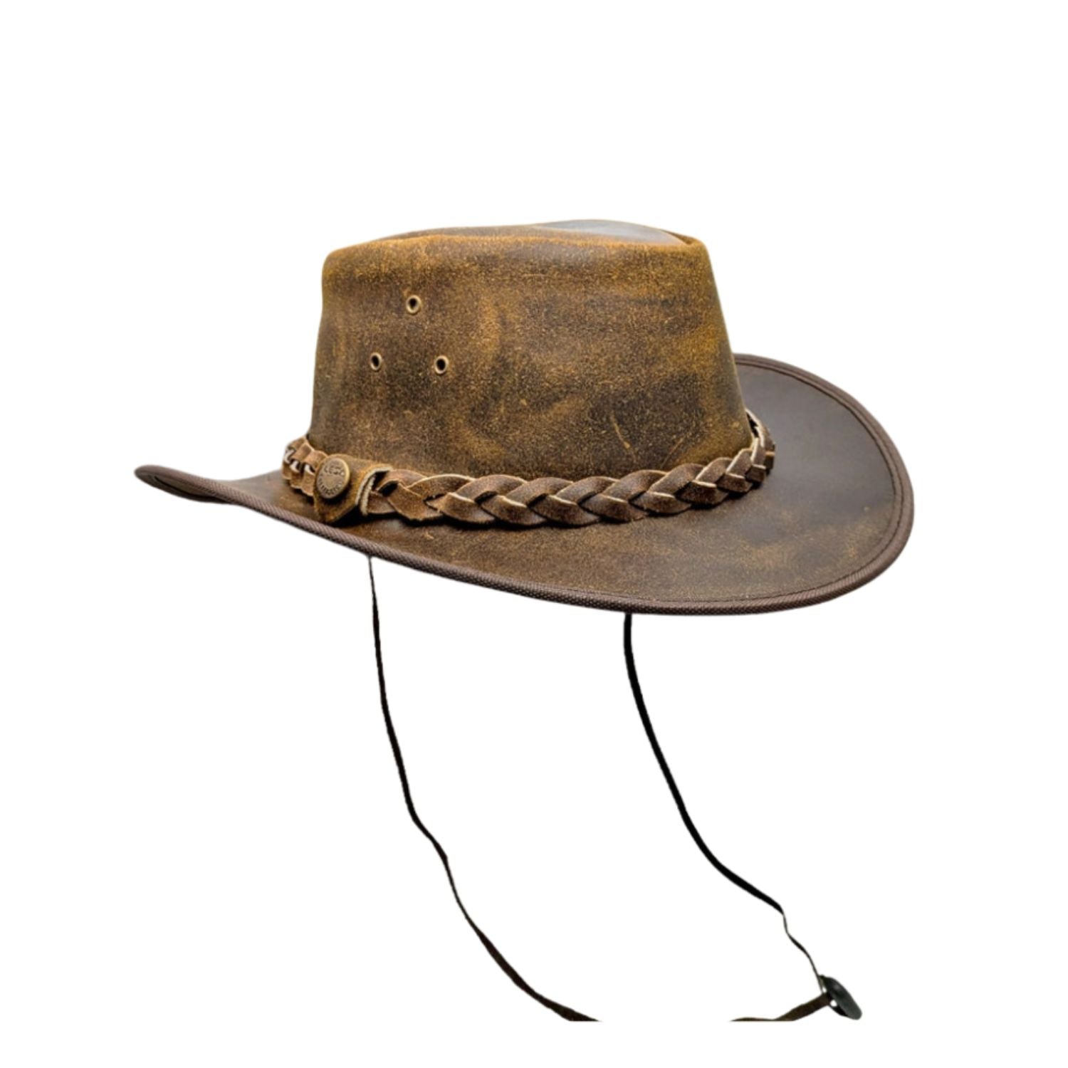 Genuine Leather Distressed Brown Bush Cowboy Hat Men Women outfit Australian Western Style Braided band close-up detail