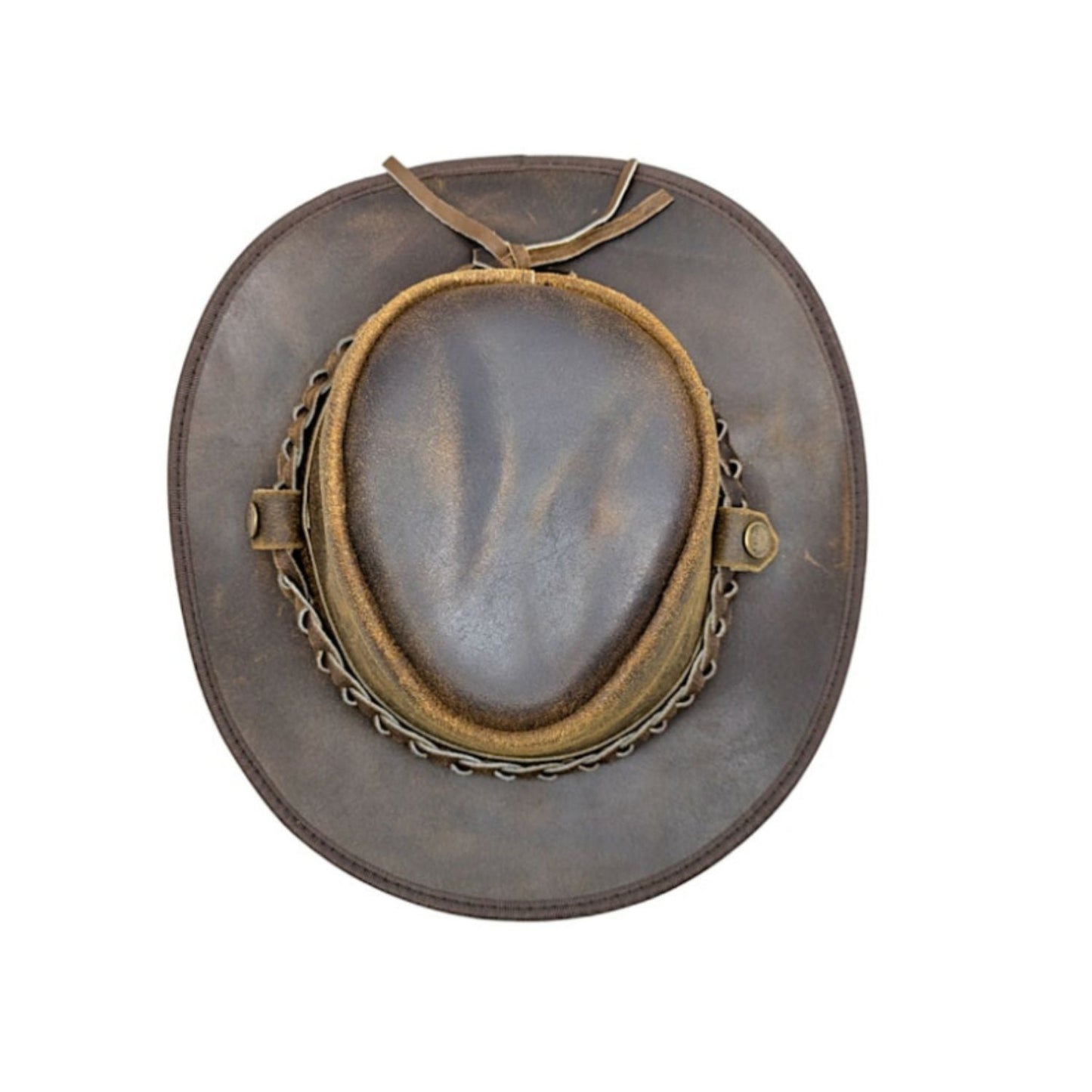 Genuine Leather Distressed Brown Bush Cowboy Hat Men Women outfit Australian Western Style Braided band back view