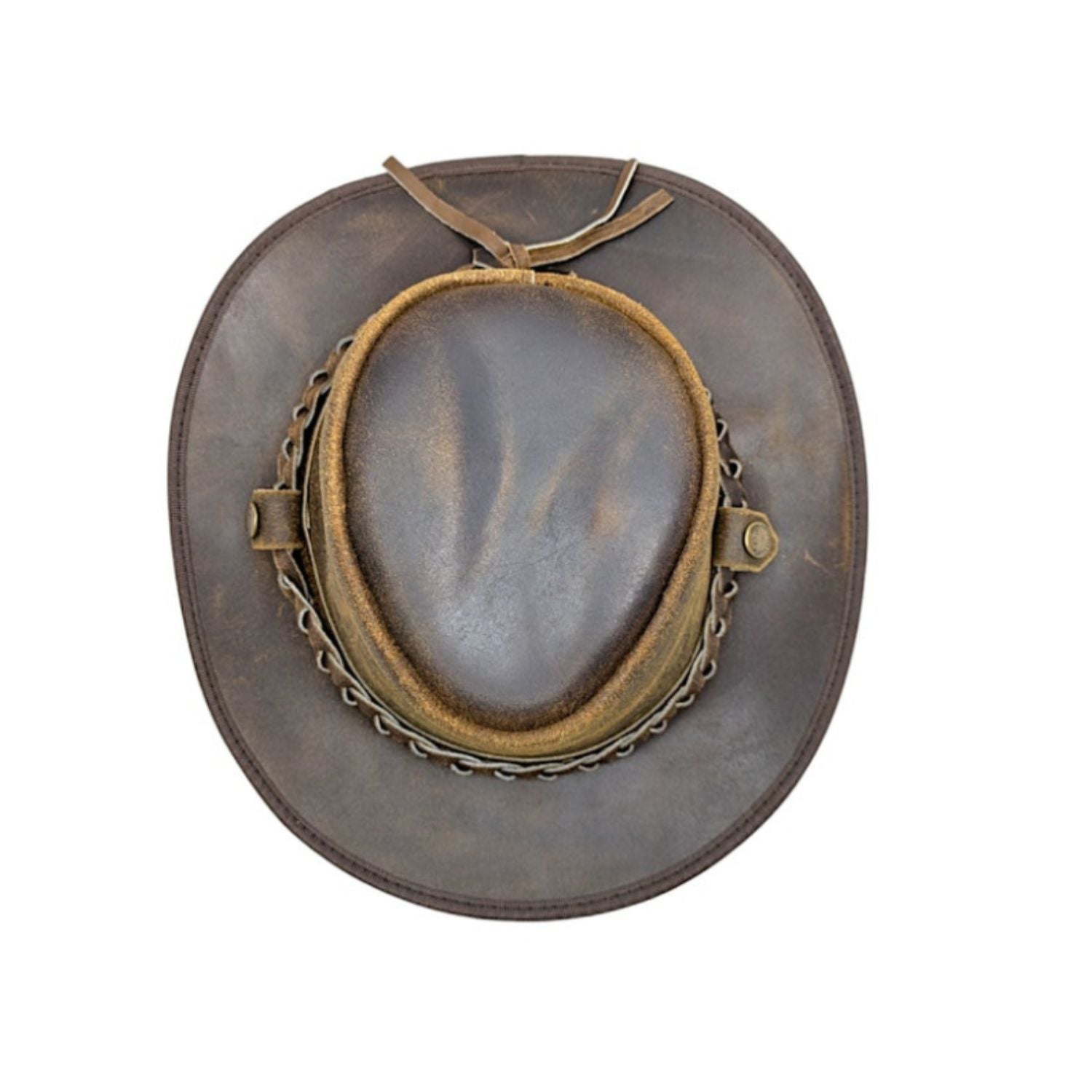 Genuine Leather Distressed Brown Bush Cowboy Hat Men Women outfit Australian Western Style Braided band back view