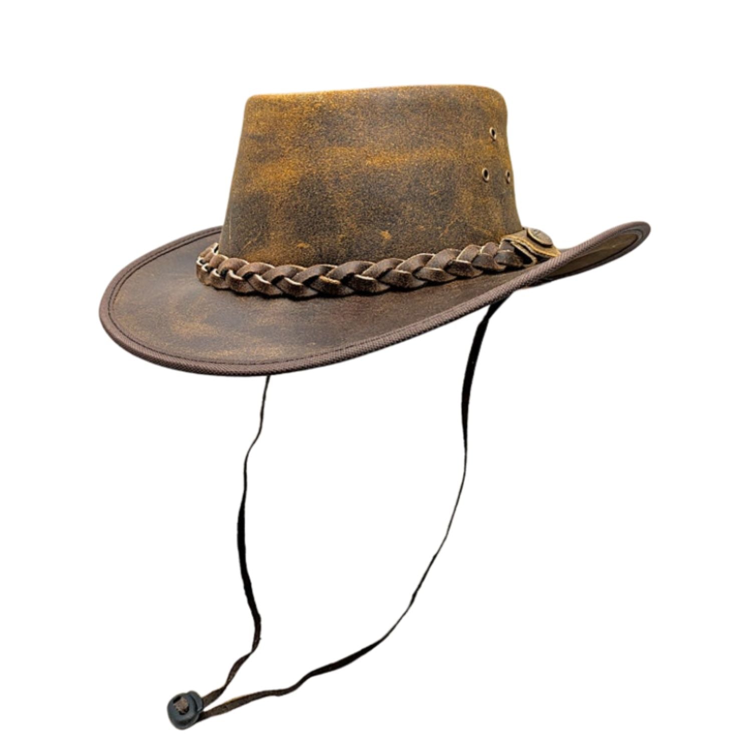 Genuine Leather Distressed Brown Bush Cowboy Hat Men Women outfit Australian Western Style Braided band front view
