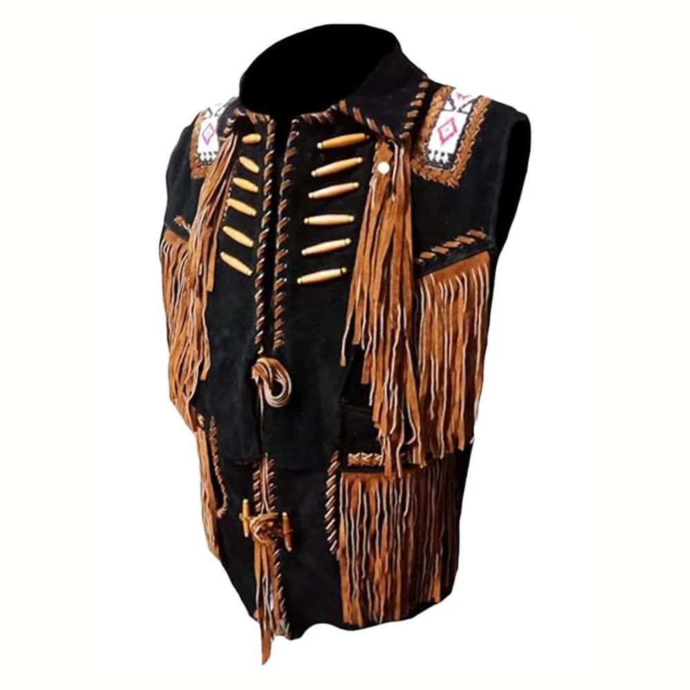 Mens Fringe Bones And Beads Suede Vest