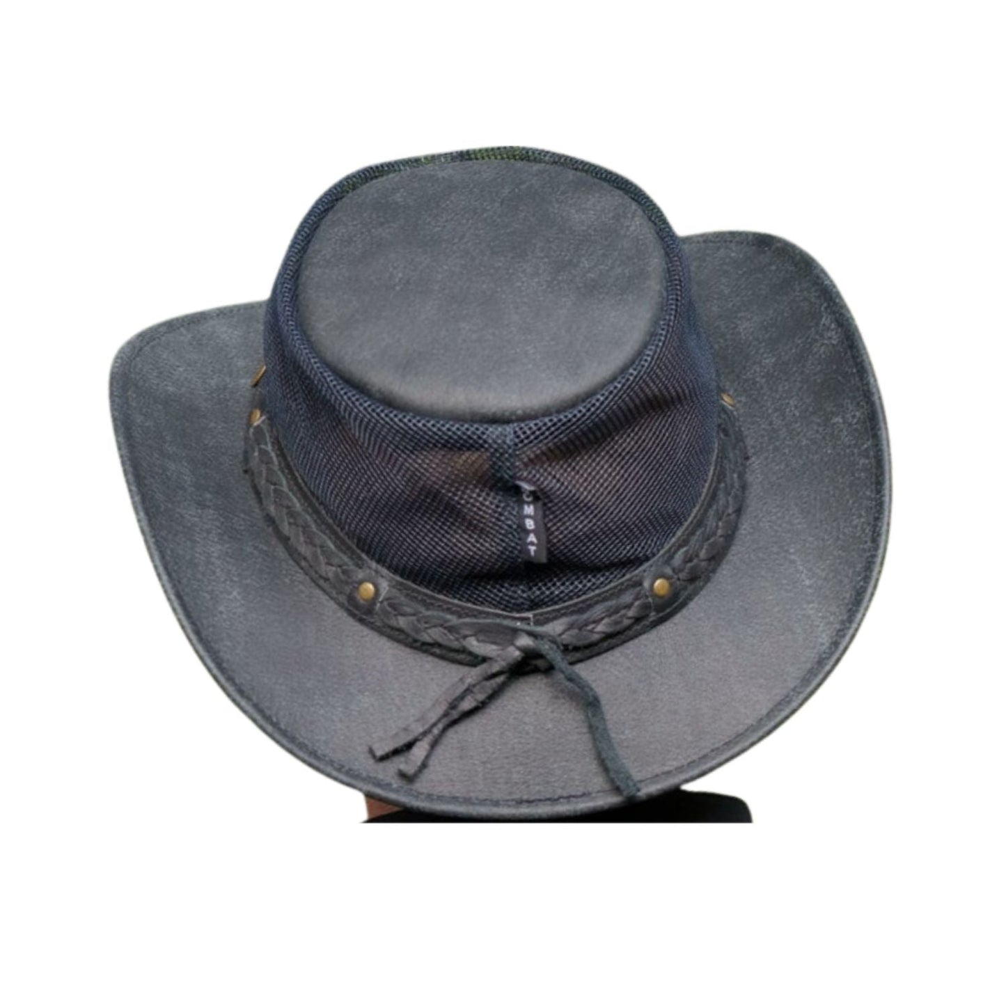 Wombat Foldable Black Leather Hat The Wilds AIR Full Grain Leather Mesh Men's Woman's Unisex Cowboy Hats Trekking Australian Bush front view