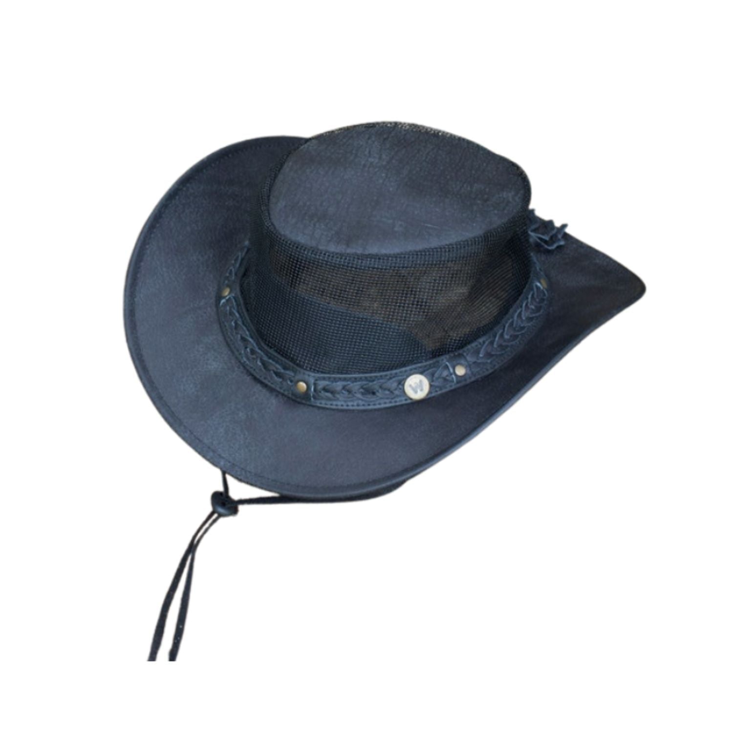 Wombat Foldable Black Leather Hat The Wilds AIR Full Grain Leather Mesh Men's Woman's Unisex Cowboy Hats Trekking Australian Bush side view