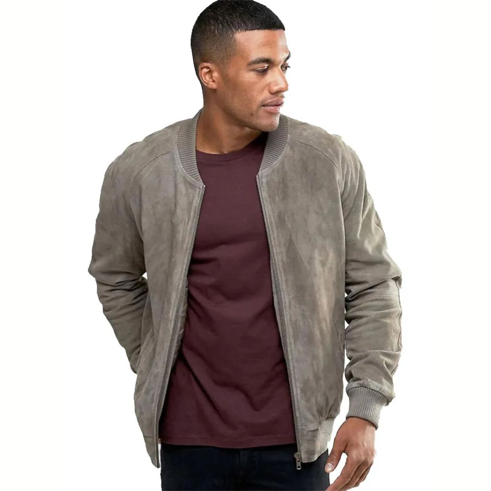 Mens Grey Suede Bomber Jacket
