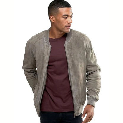 Mens Grey Suede Bomber Jacket