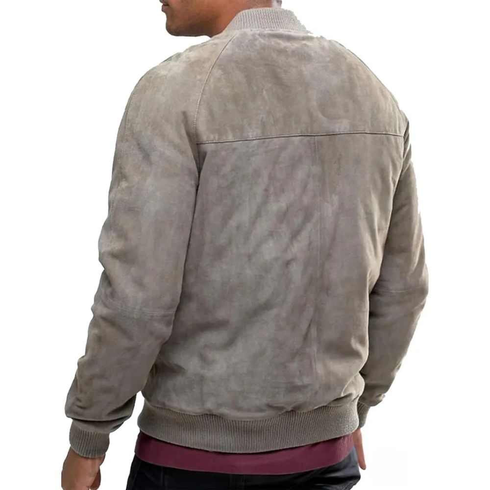 Mens Grey Suede Bomber Jacket