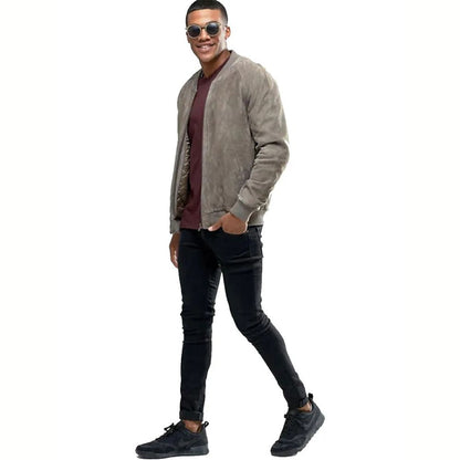 Mens Grey Suede Bomber Jacket