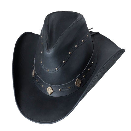 Western Cowboy Dundee Leather Hat shown from the front, highlighting the crown and brim shape