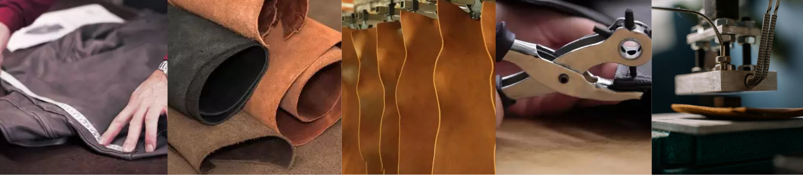 Collage of leather products and tools including leather pieces, a hand holding leather, and a sewing machine.