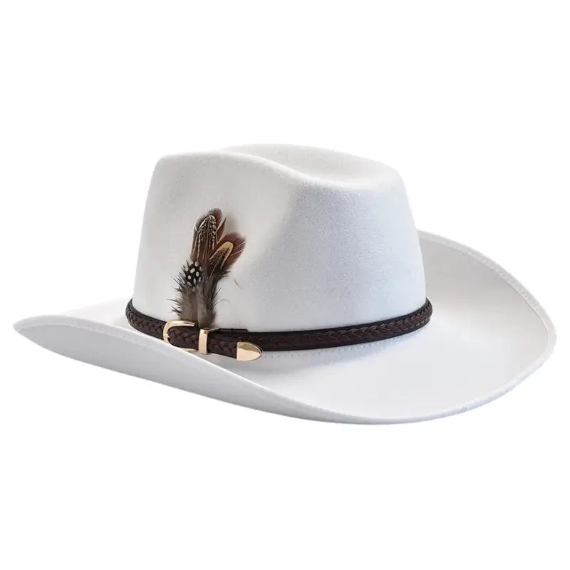 White Cowboy Hat with Feathers