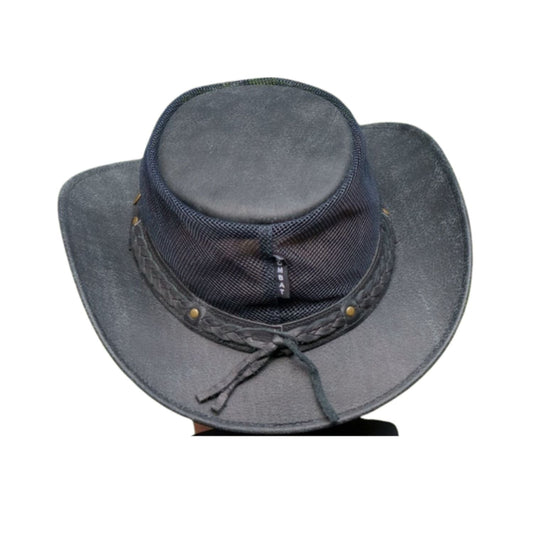 Wombat Foldable Black Leather Hat shown from the front, highlighting the crown and brim shape