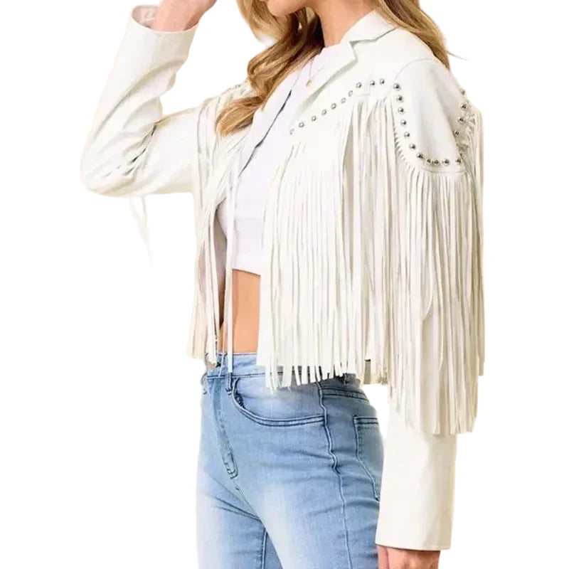Women Fringe Stud Leather Jacket