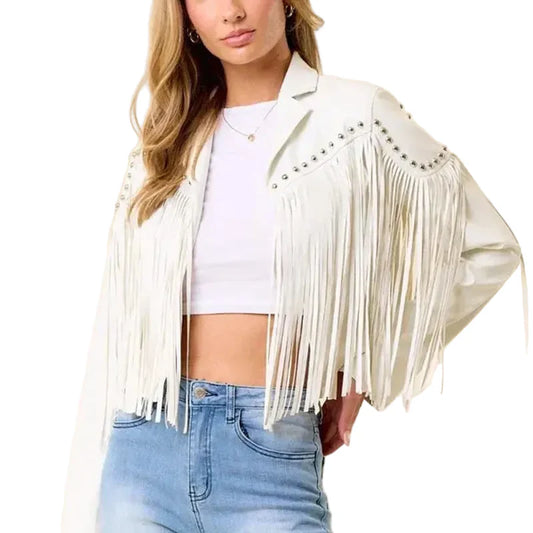 Women Fringe Stud Leather Jacket