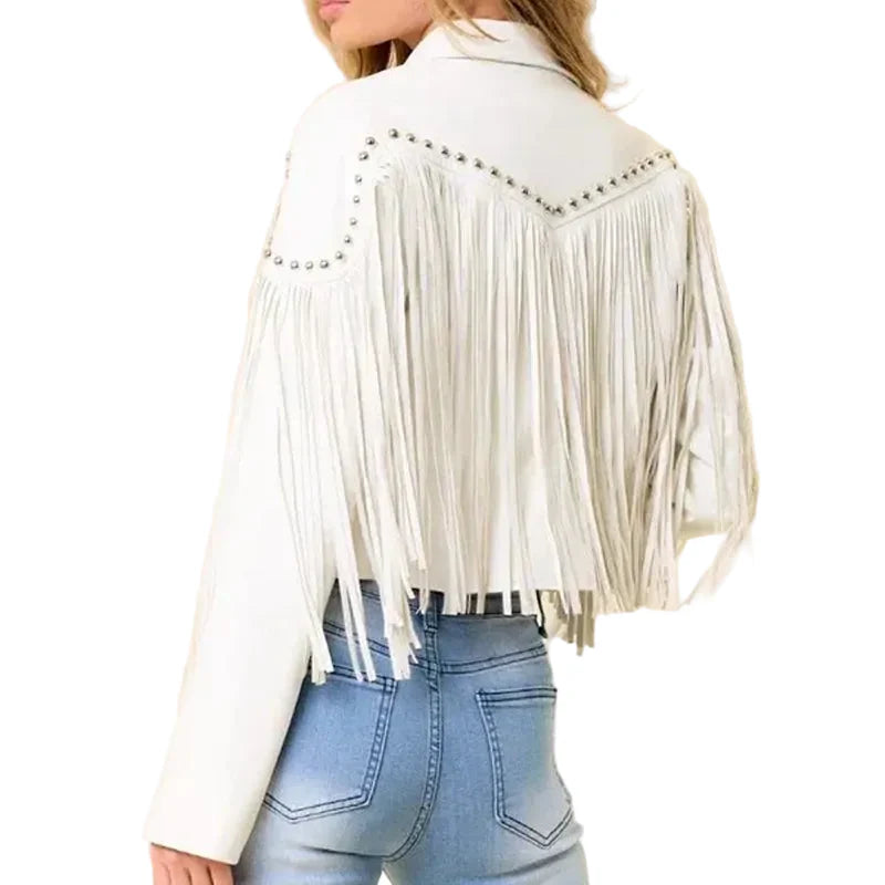 Women Fringe Stud Leather Jacket