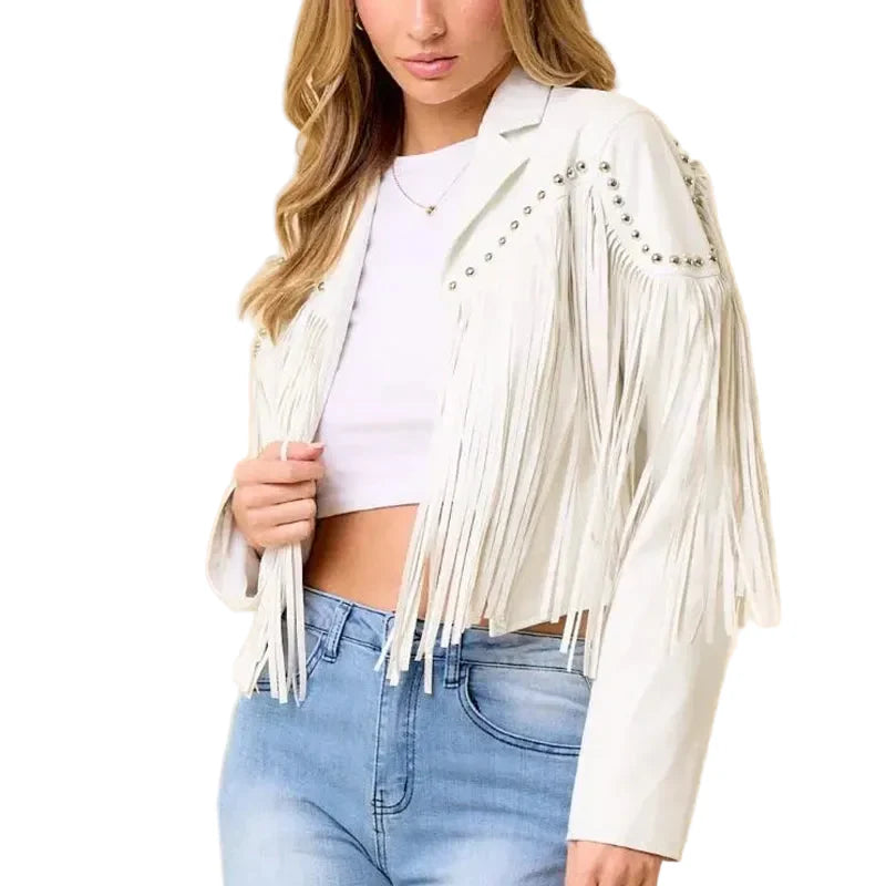 Women Fringe Stud Leather Jacket