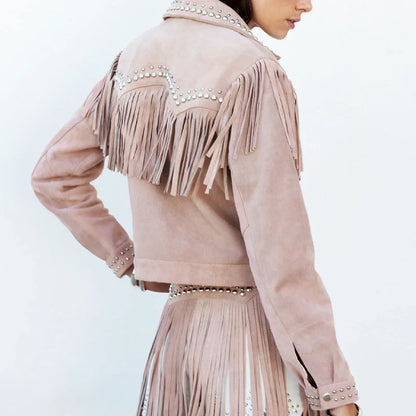 Women Studded Fringe Leather Jacket