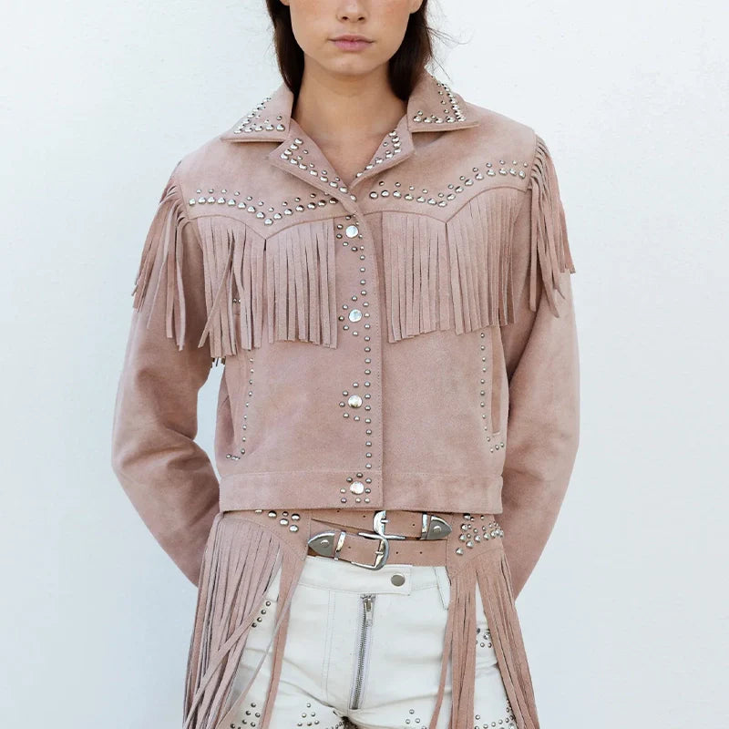 Women Studded Fringe Leather Jacket