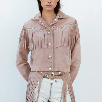Women Studded Fringe Leather Jacket