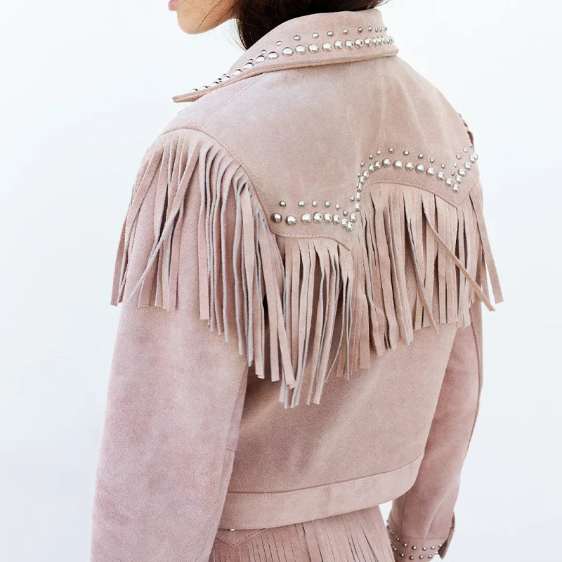 Women Studded Fringe Leather Jacket