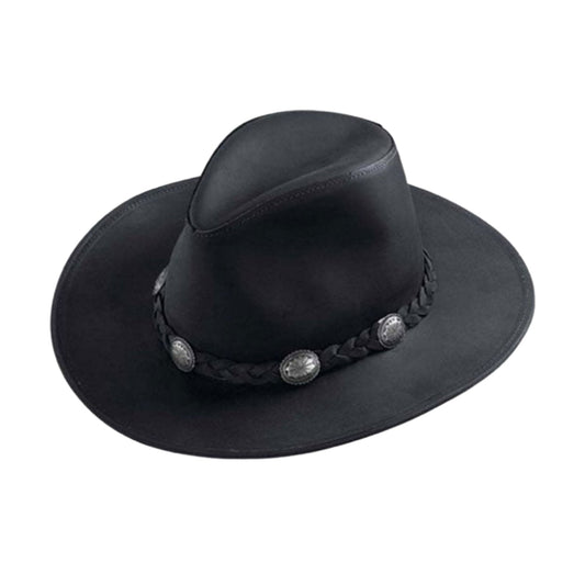 Women Dude Conch Leather Outback Black Hat shown from the front, highlighting the crown and brim shape