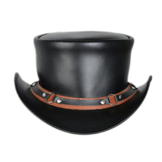 Women Top Hat Handmade with 100% Cowhide Leather Women Black Top Hat shown from the front, highlighting the crown and brim shape