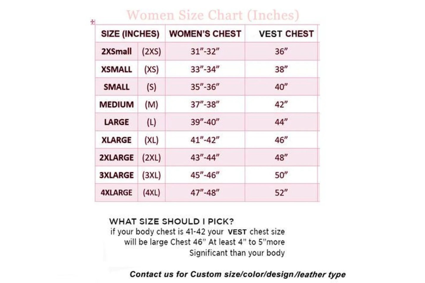 Women's size chart for vests in inches with a pink background - Westo Leather