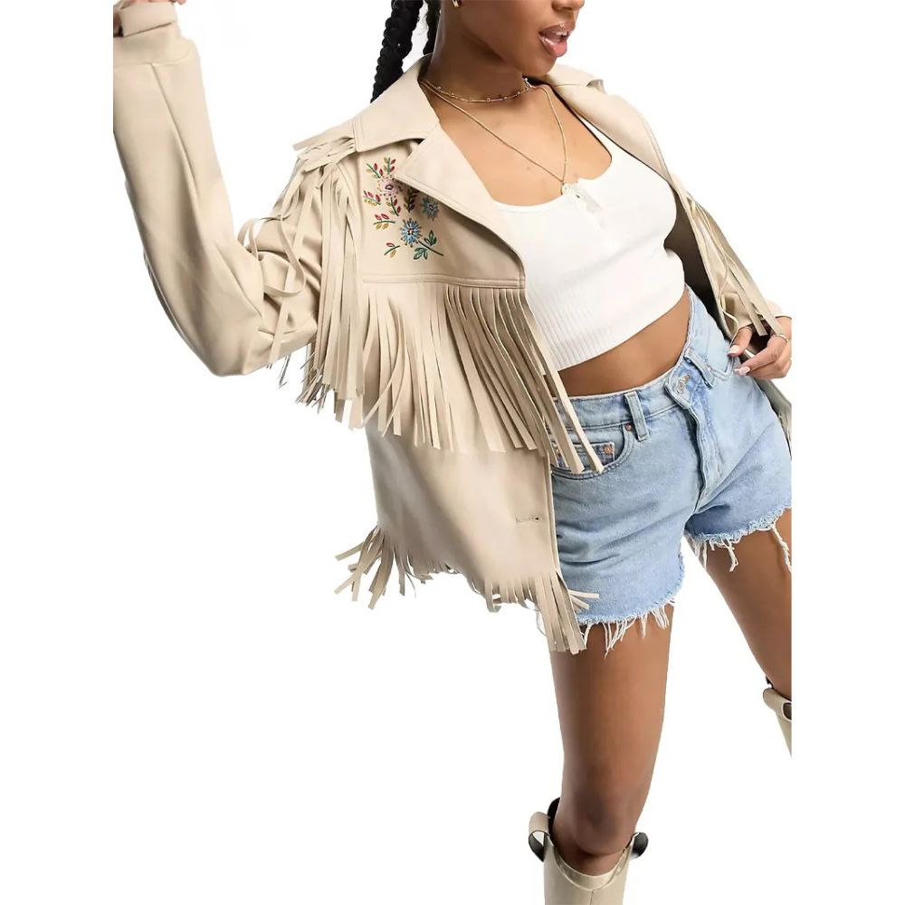 Women embroidered fringe leather jacket