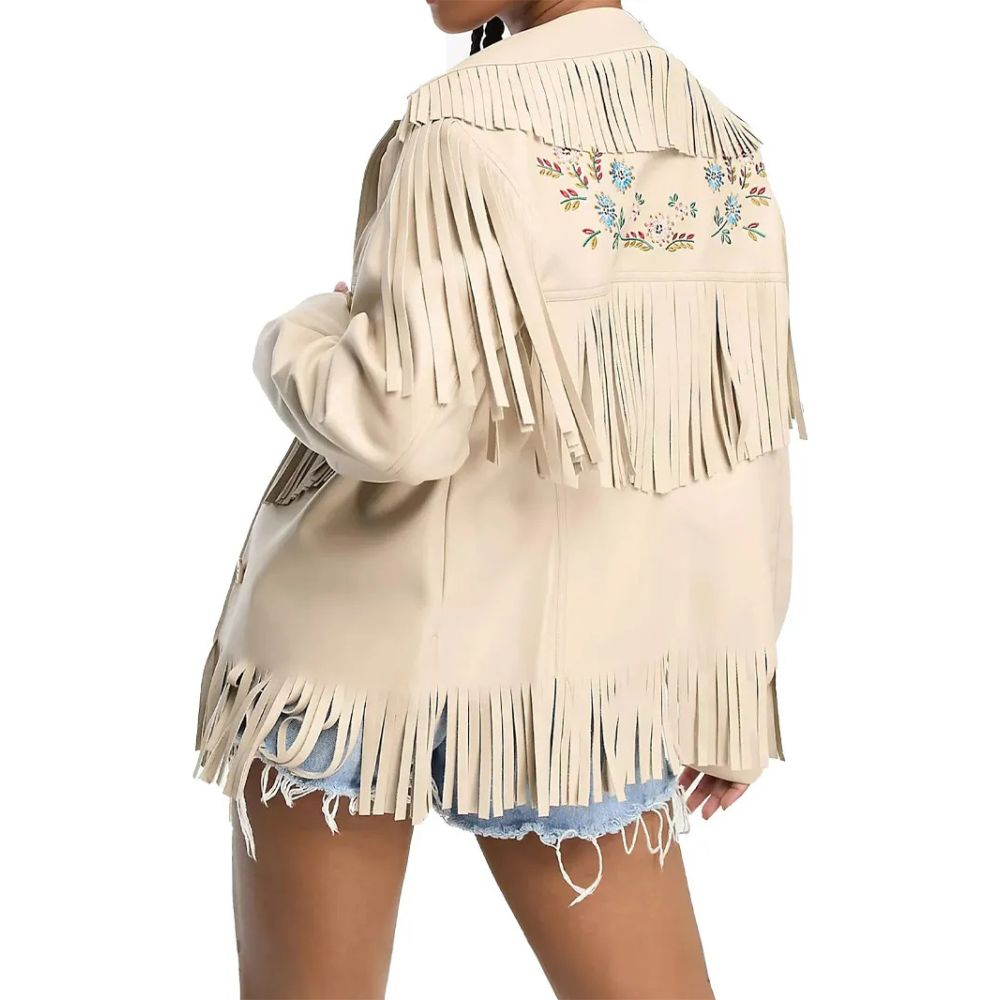 Women embroidered fringe leather jacket