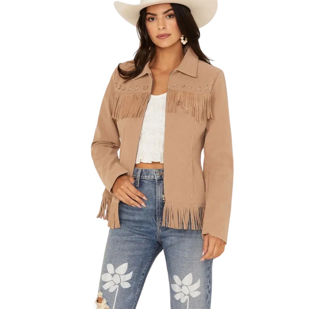Women’s Fringe Leather Jacket with Zip
