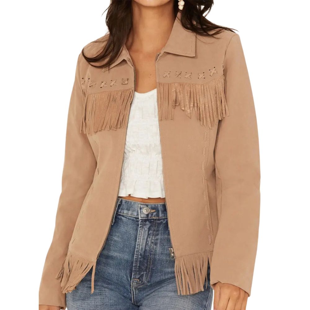 Women’s Fringe Leather Jacket with Zip
