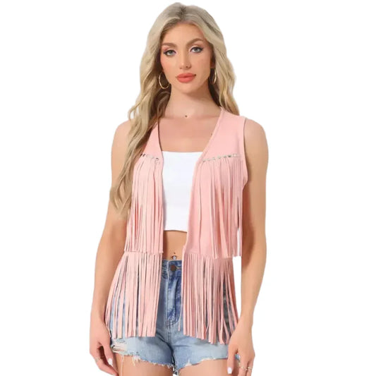 Women’s Fringe Vest 70s Hippie Faux Suede Rivets Sleeveless Costume Fringe Jacket