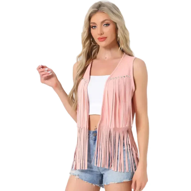 Women’s Fringe Vest 70s Hippie Faux Suede Rivets Sleeveless Costume Fringe Jacket