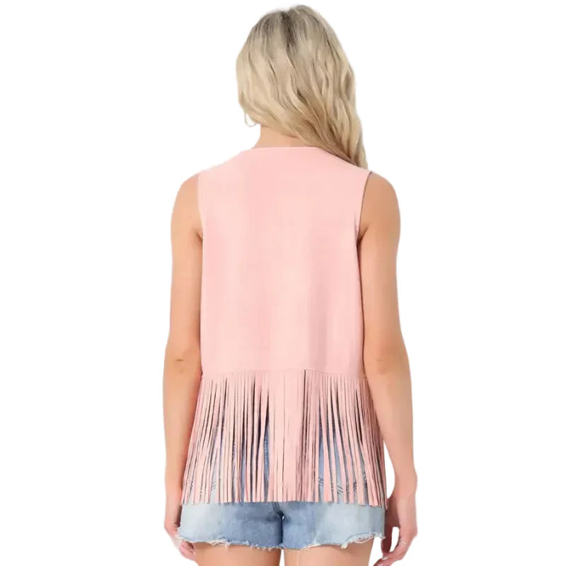 Women’s Fringe Vest 70s Hippie Faux Suede Rivets Sleeveless Costume Fringe Jacket