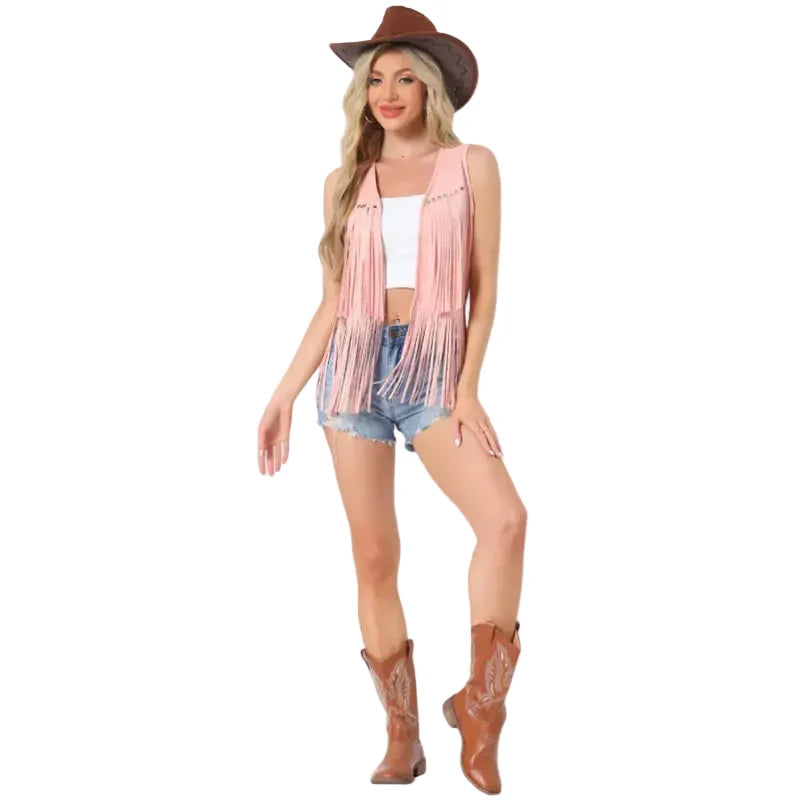 Women’s Fringe Vest 70s Hippie Faux Suede Rivets Sleeveless Costume Fringe Jacket