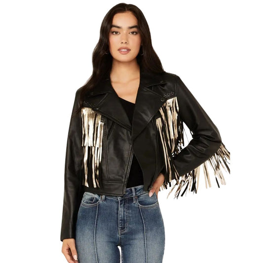 Women’s Sparks Studded Thunderbird Fringe Leather Jacket