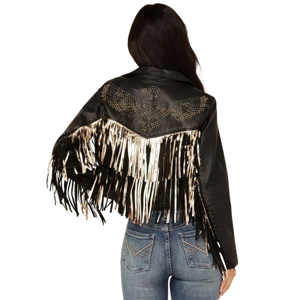 Women’s Sparks Studded Thunderbird Fringe Leather Jacket