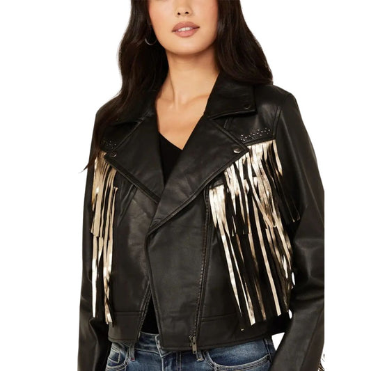 Women’s Sparks Studded Thunderbird Fringe Leather Jacket